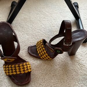 Prada Brown Leather Block Heel Sandals with Yellow Crochet Strap